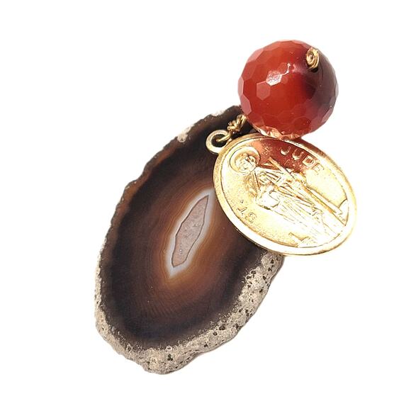 Vintage Genuine Stone Pendant with Gold Plated Gold Tone Religious Charm - Picture 1 of 5